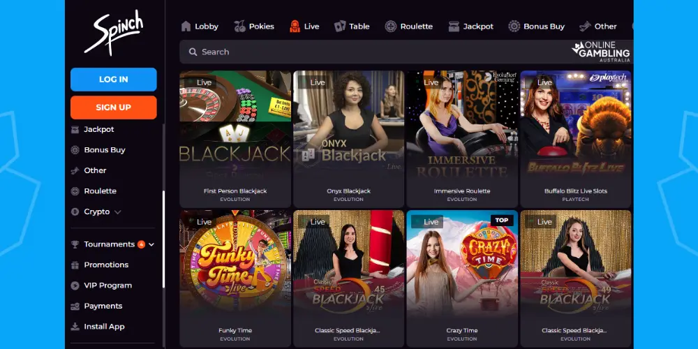 Spinch live casino games